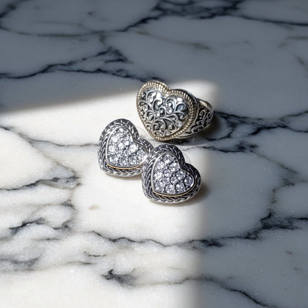 Heart Adjustable Ring and Earrings Set