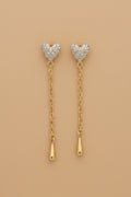 Heart Shape Tassel Stud Earrings Gold Metal With Rhinestone Inlay