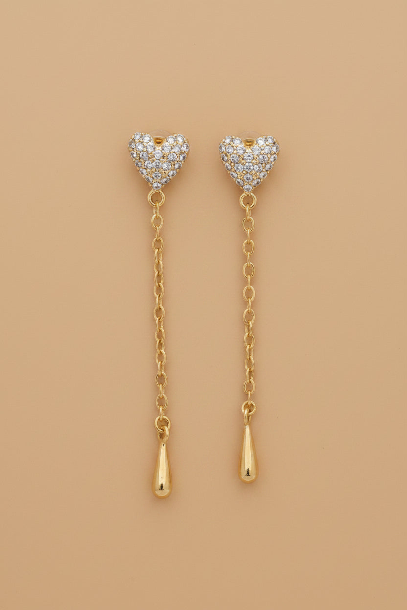 Heart Shape Tassel Stud Earrings Gold Metal With Rhinestone Inlay